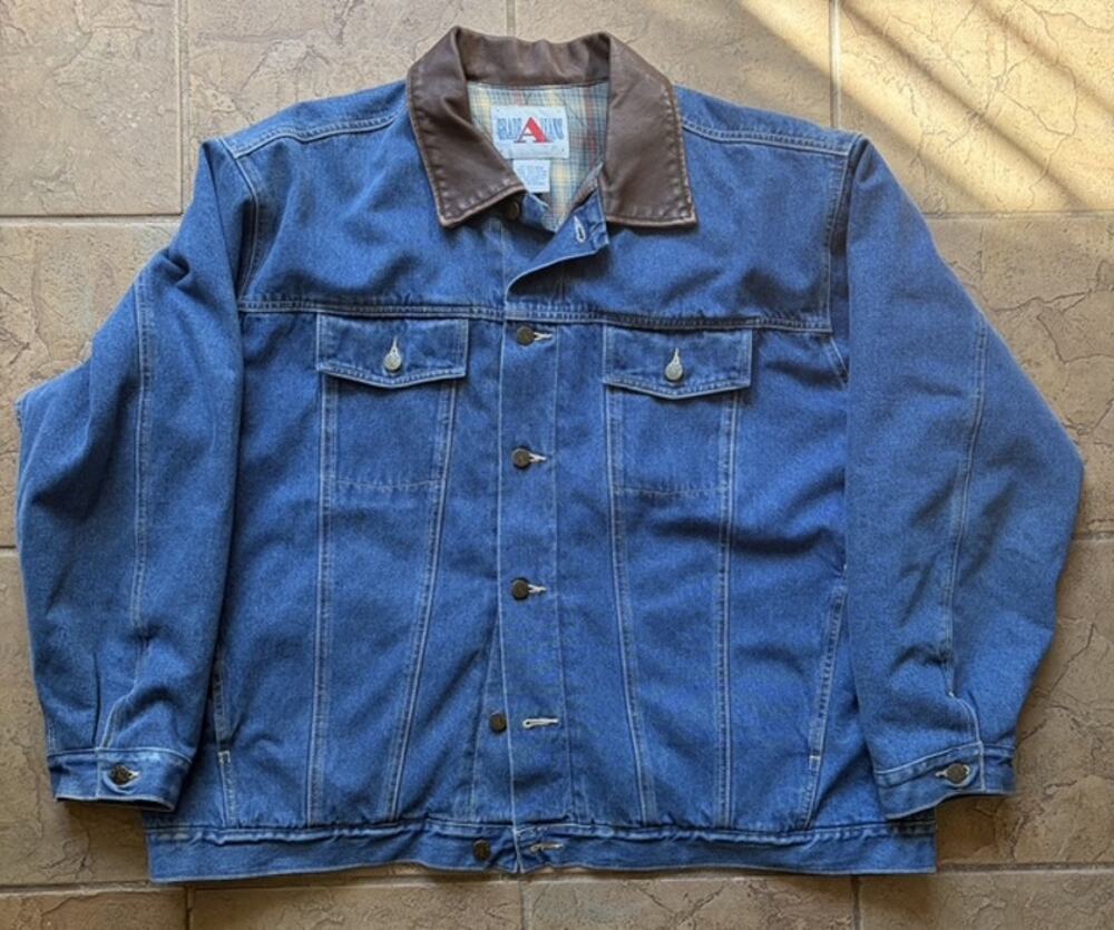Vintage Grade A Jeans Denim Jacket 2X Big Leather Collar Plaid Lined 90s